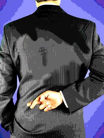 Salesman with Fingers Crossed