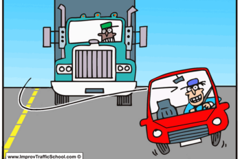 Comic of a bad driver cutting off an 18-wheeler truck.