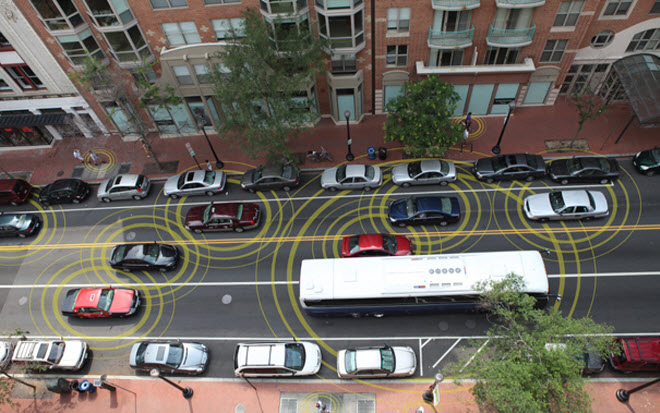 An overhead image of traffic showing visual representations of proximities of cars.