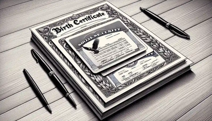 An illustration of various documents required to apply for a driver's license.