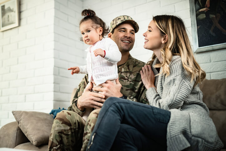 Low angle view of happy military family relaxing at home.
