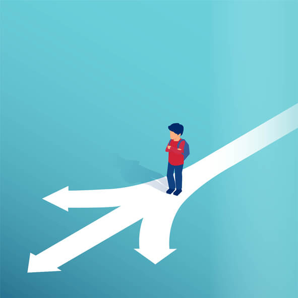 Vector of a little boy standing at crossroads making a decision which way to go in life