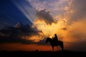 The silhouette of a cowboy on horseback at sunset on a background