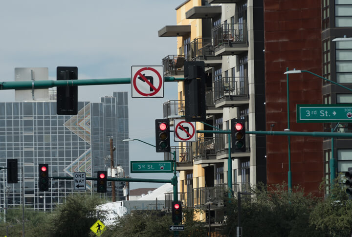 A photo of an Arizona red light camera capturing an Arizona red light violation in action near 3rd Street and Roosevelt Row, Phoenix, Arizona.