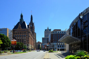 Milwaukee, Wisconsin, USA: view south along Water Street from the Marcus Center for the Performing Arts - the other buildings in the image are (left to right) the Frank P. Zeidler Municipal Building, the City Hall, the First National bank Building, the Faison Building and Saint Kate - The Arts Hotel.