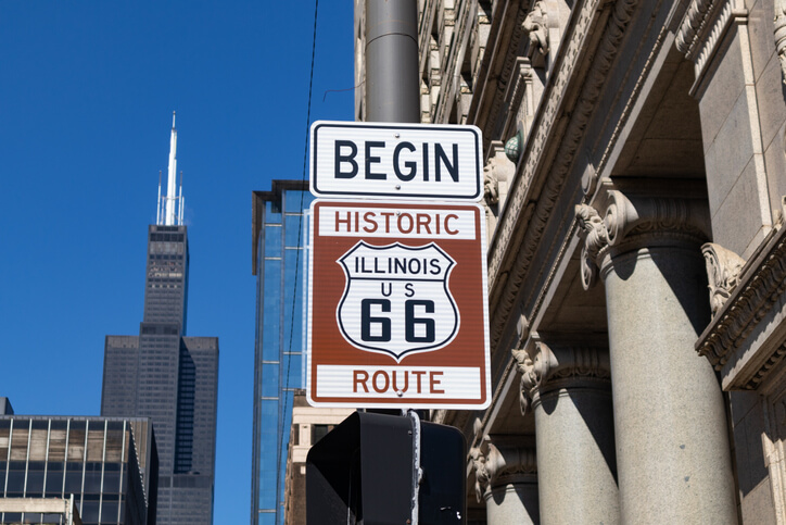 A historic Route 66 sign in Illinois denoting the classic road, one that Illinois drivers will be better equipped to drive penalty free with a comprehensive understanding of the Illinois license point system.