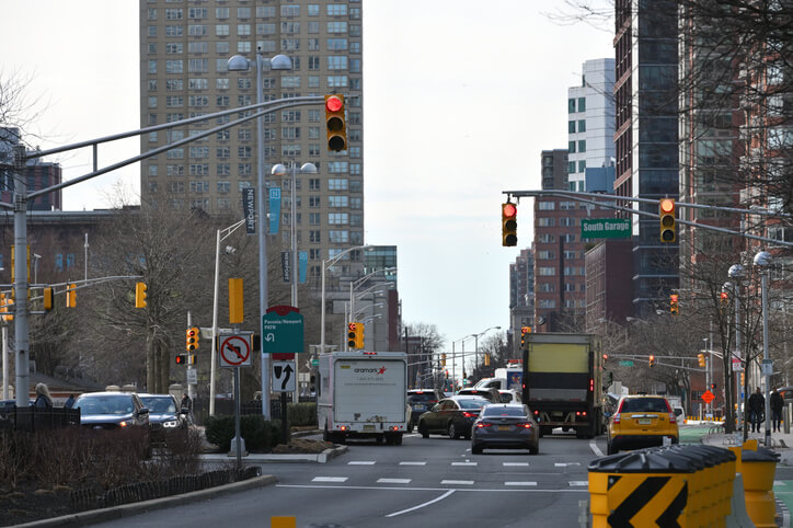 Jersey City, NJ, USA - Modern buildings and city crossroad at morning in Newport, Jersey City, United States