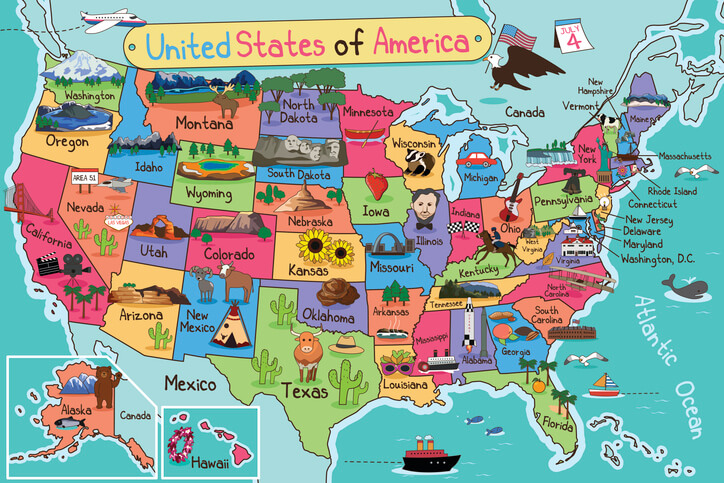 A cartoon map of the United States of America meant to demonstrate the availability of State-specific auto insurance discounts for consumers throughout the country.